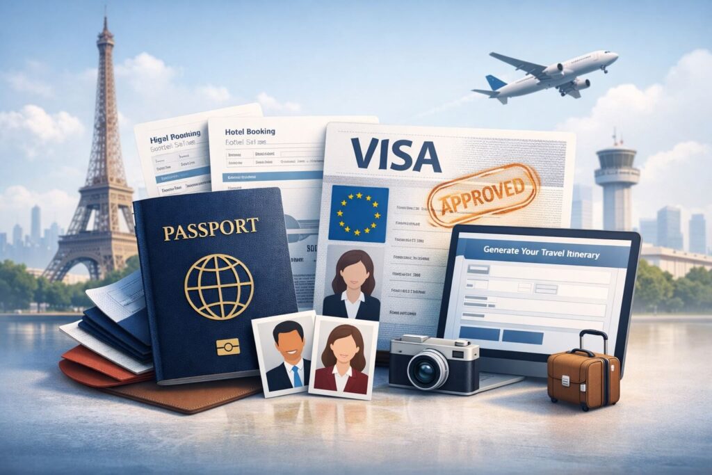 Visa document generator homepage image showing passport, visa, travel documents and online itinerary tool
