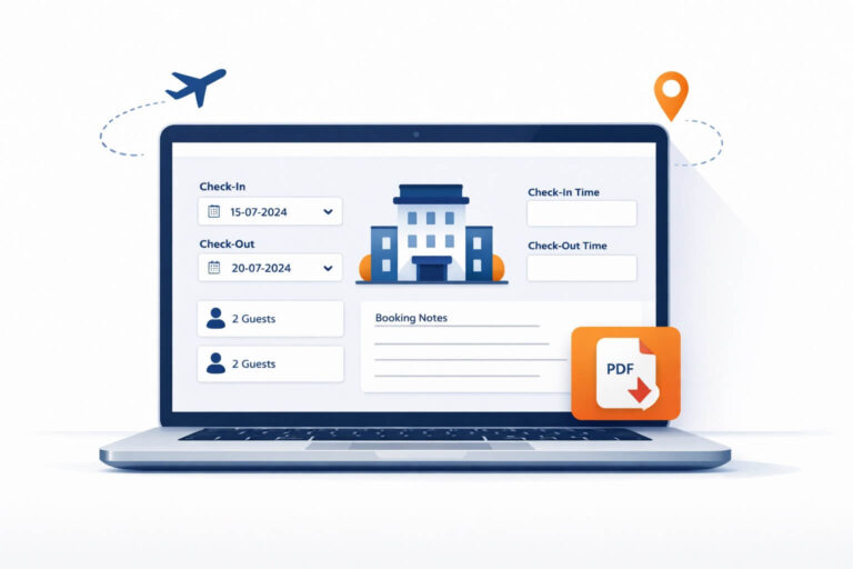 Hotel Booking Proof Generator tool preview showing hotel booking form and PDF download