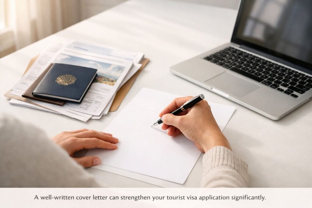 Person writing a visa cover letter for a tourist visa at a clean desk with passport and travel documents