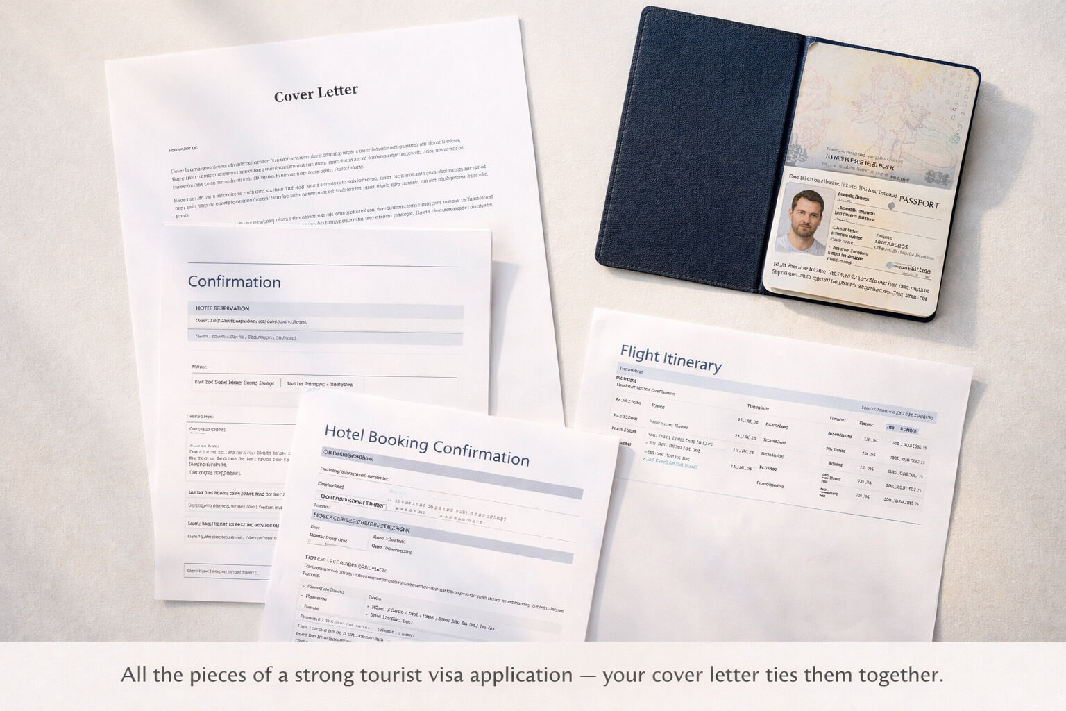Visa application documents including cover letter, passport, hotel booking and travel itinerary laid out on a white surface
