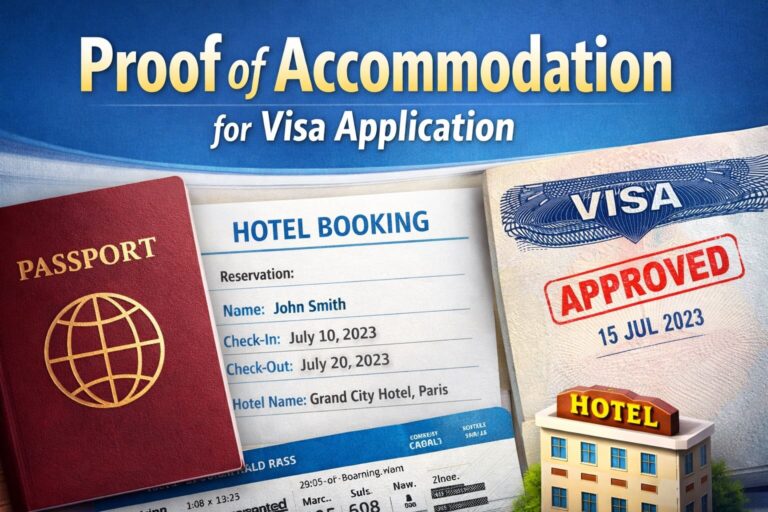 Proof of accommodation for visa application with passport, hotel booking document, visa approval stamp, and hotel illustration