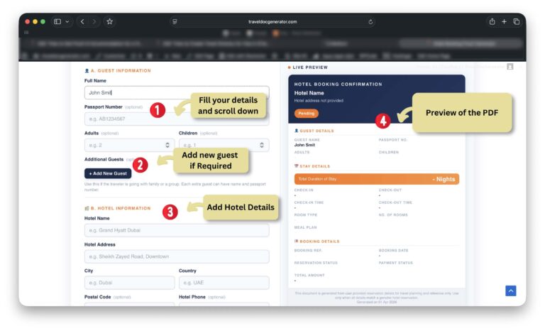 Proof of accommodation for visa application with passport, hotel booking document, visa approval stamp, and hotel preview
