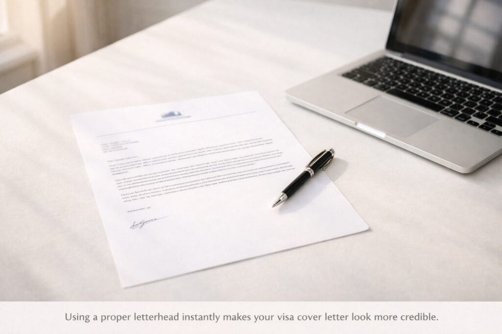 A professionally formatted visa cover letter with letterhead on a clean desk with pen