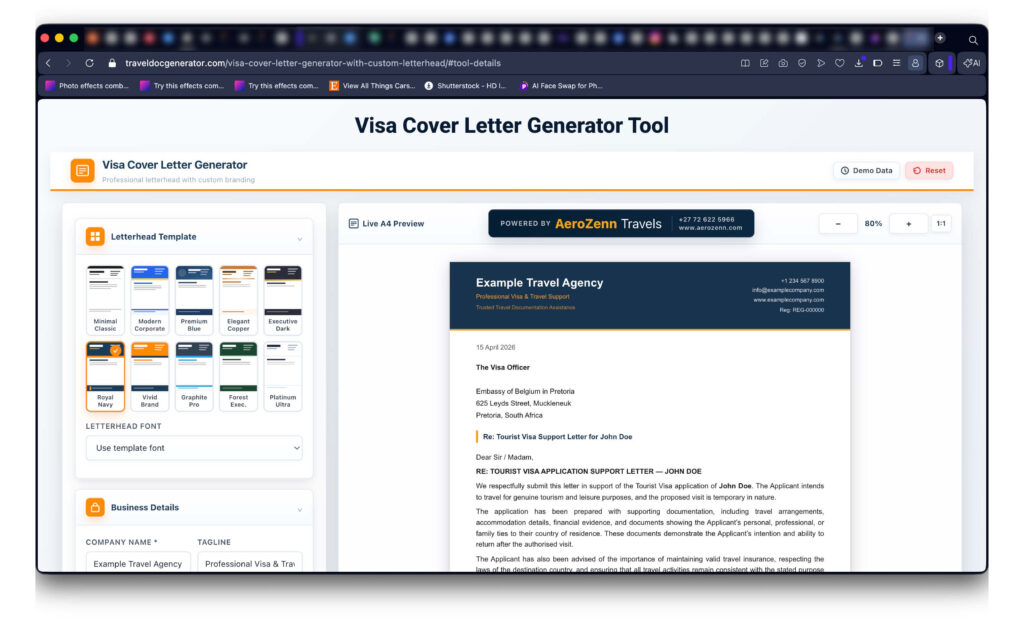 Professional visa cover letter generator showing a laptop with an A4 embassy support letter, passport, and travel documents on a modern workspace