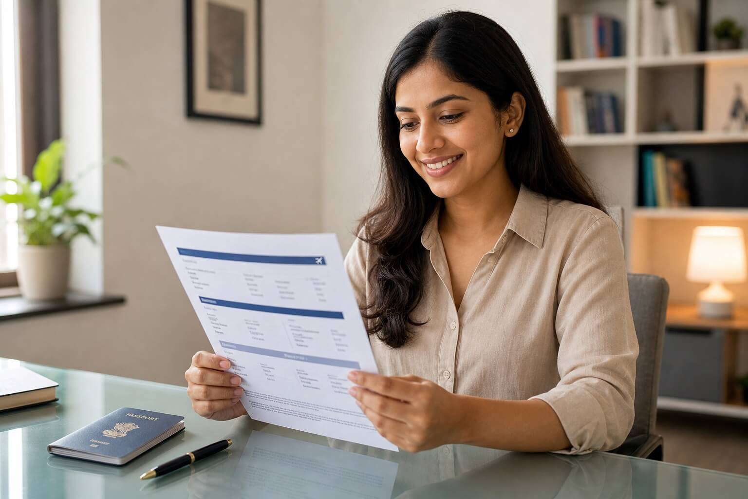 South Asian woman reviewing a GDS format flight itinerary PDF with passport on desk for visa application