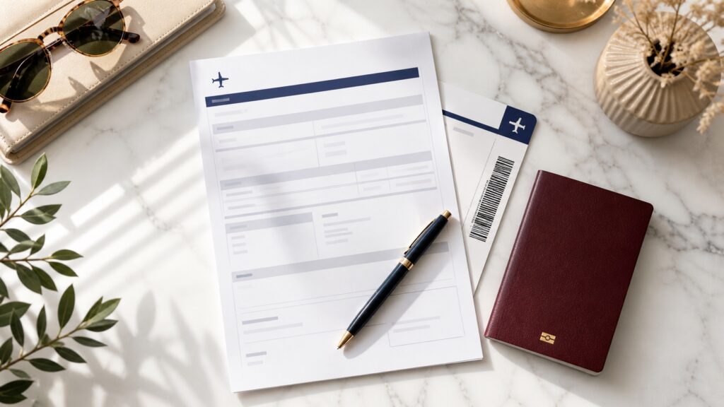 Flight itinerary template for visa application with passport, boarding pass and pen on marble desk