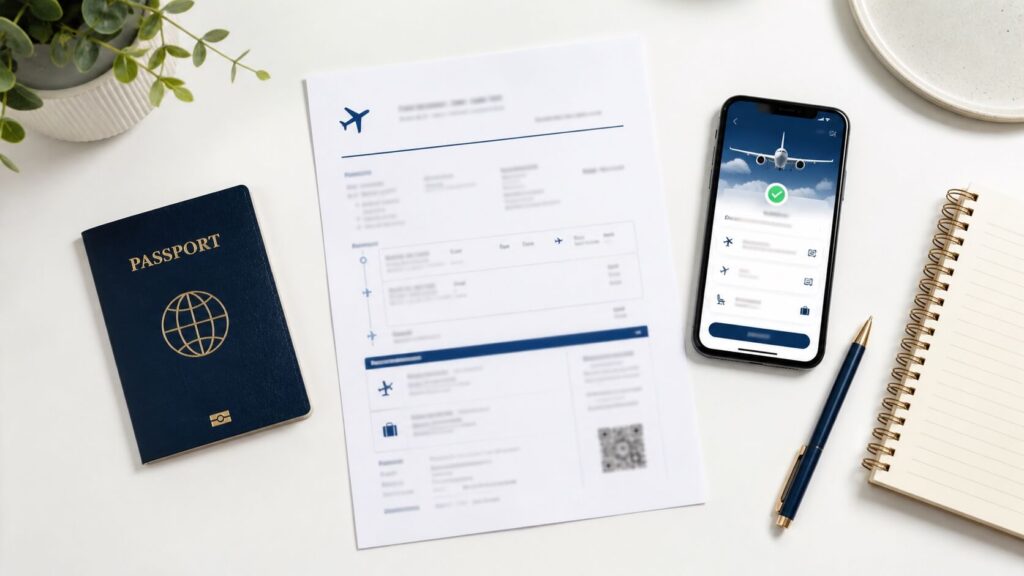 Dummy flight ticket free for visa application shown with passport, itinerary document and travel planning items