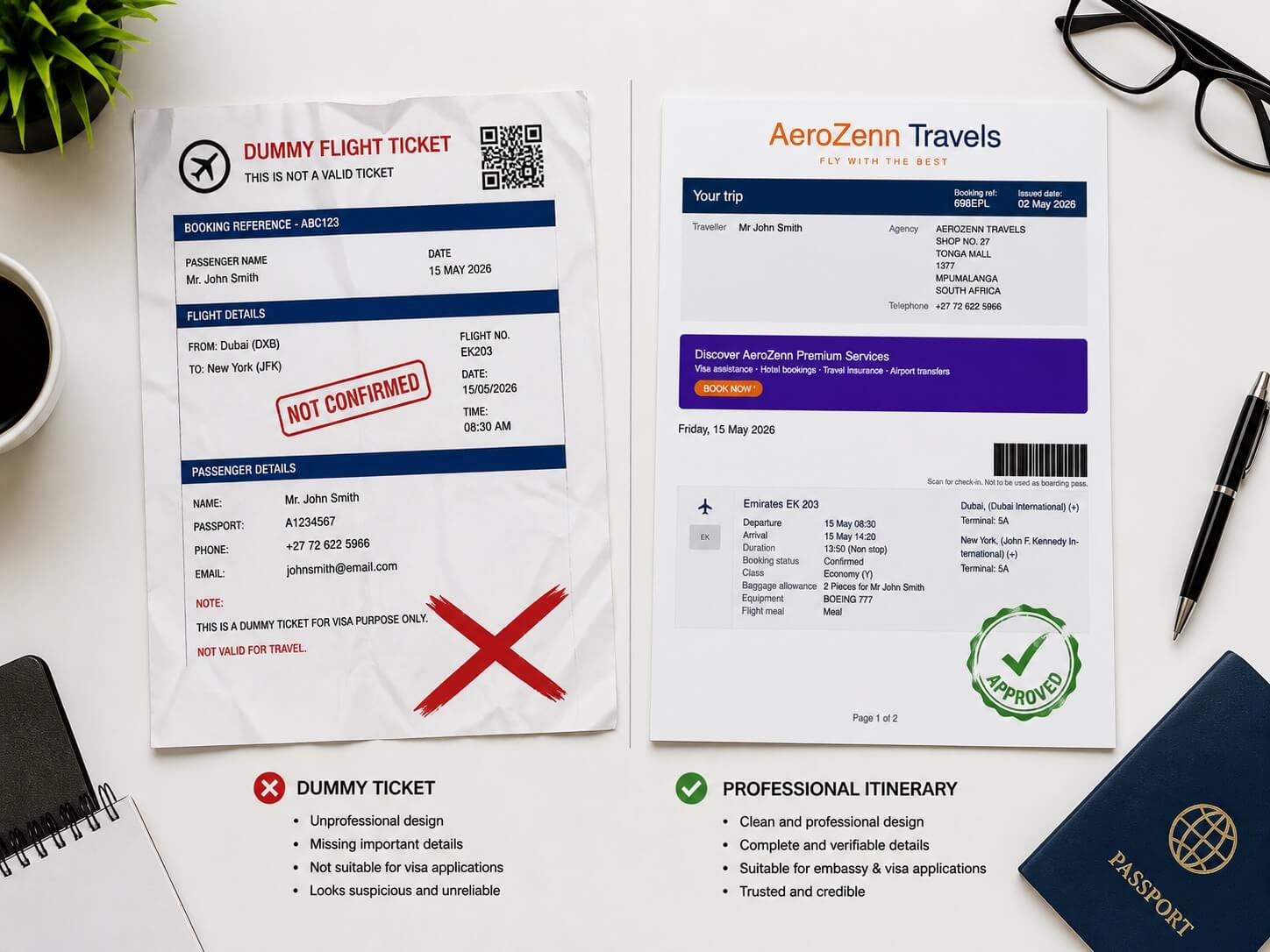 Fake dummy flight ticket free compared with professional GDS format flight itinerary for visa application