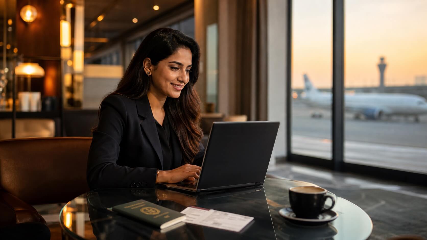 Professional woman generating a flight itinerary for visa application on laptop