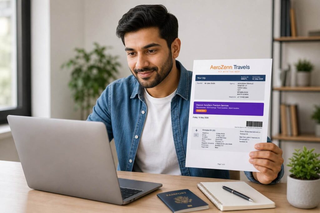 Man getting a dummy flight ticket online for visa application using a professional flight itinerary document
