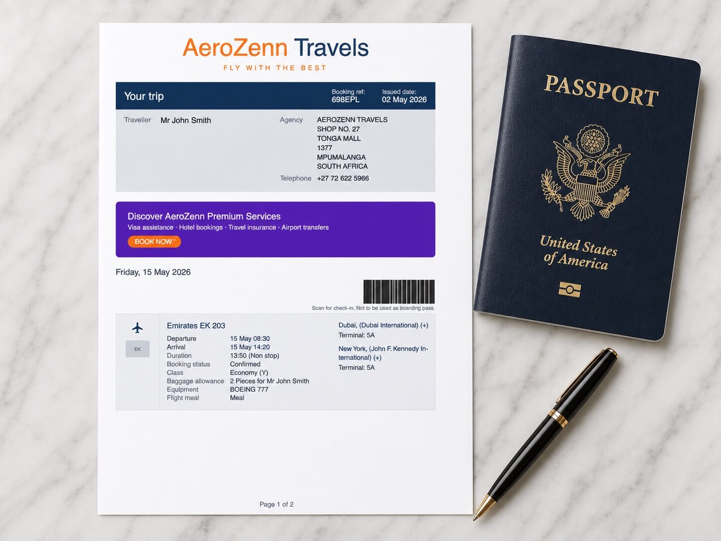Sample GDS format flight itinerary PDF for visa application — embassy ready document