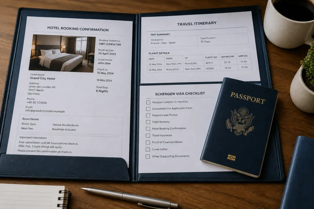 A traveler at a kitchen table reviewing a hotel confirmation email and passport alongside a laptop showing a Schengen visa application form