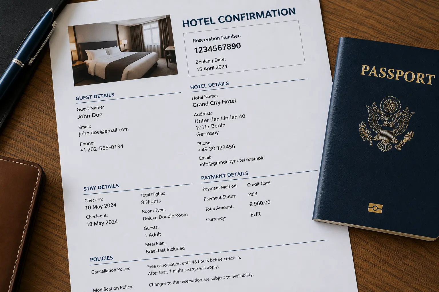 Close-up of a hotel confirmation printout with dates, address, and reservation number highlighted next to a passport