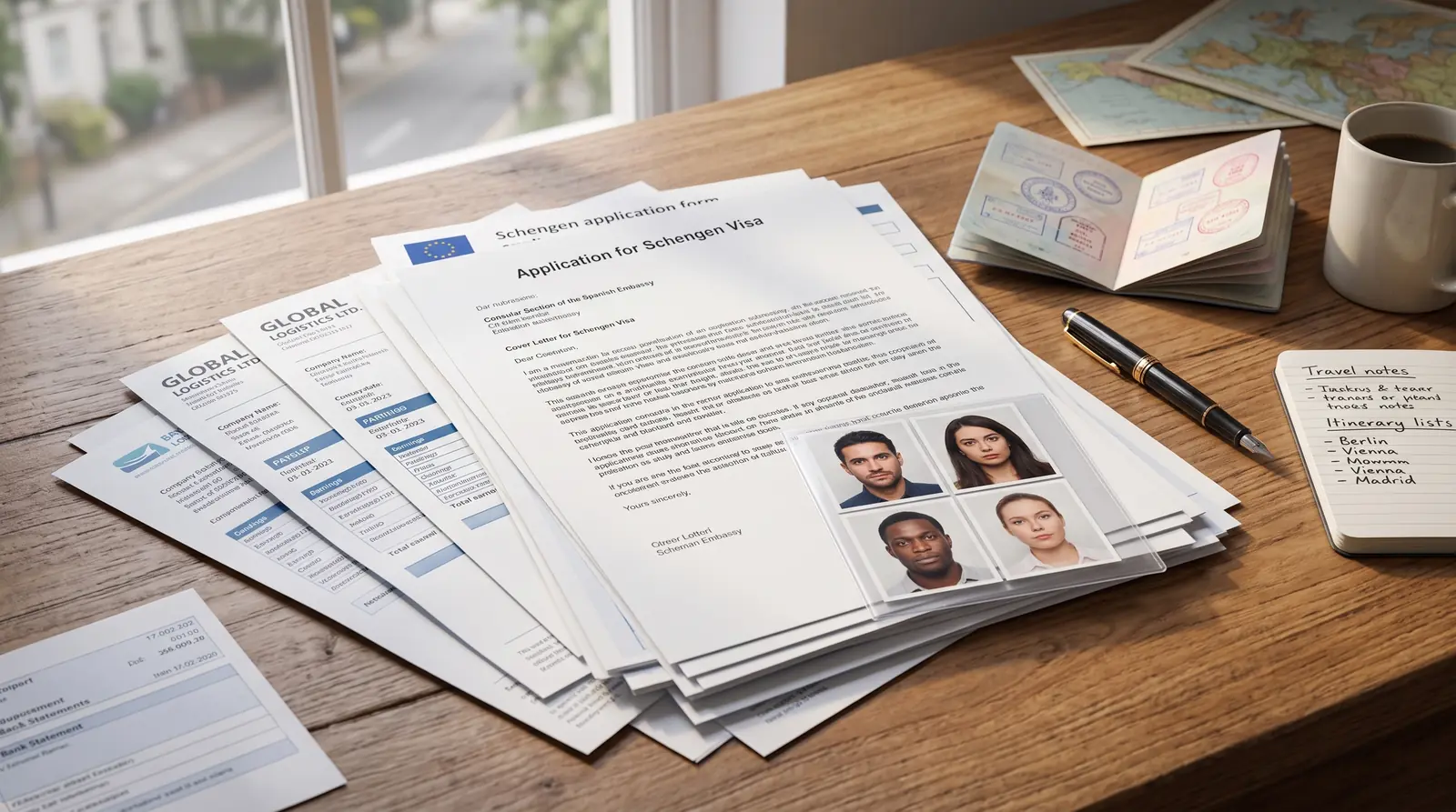 A stack of neatly organized visa application documents including a cover letter, payslips, and passport photos on a desk