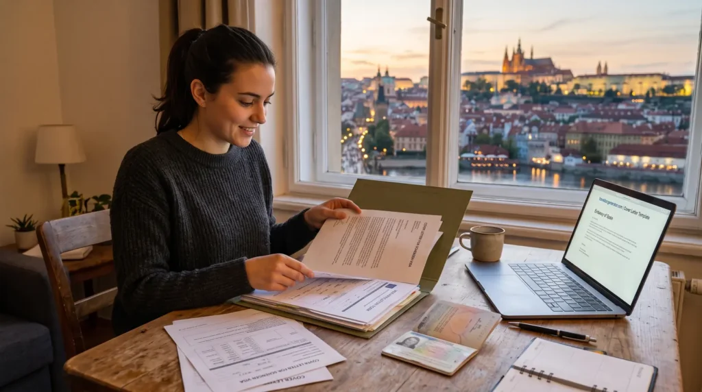 A traveler at a desk organizing a folder of visa application documents, passport, and laptop, with a European city visible through the window, cover letter for Schengen visa