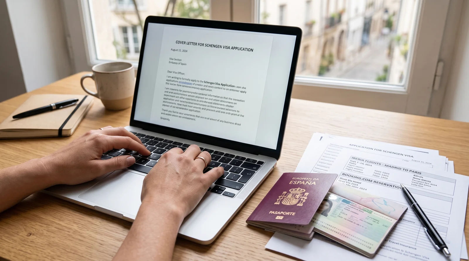 Close-up of hands typing a formal cover letter on a laptop next to a printed passport and travel documents