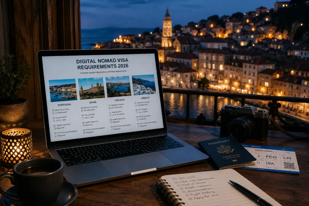A remote worker's desk overlooking a European old town, laptop open beside a passport and boarding pass, capturing the search for digital nomad visa requirements 2026 across popular destinations