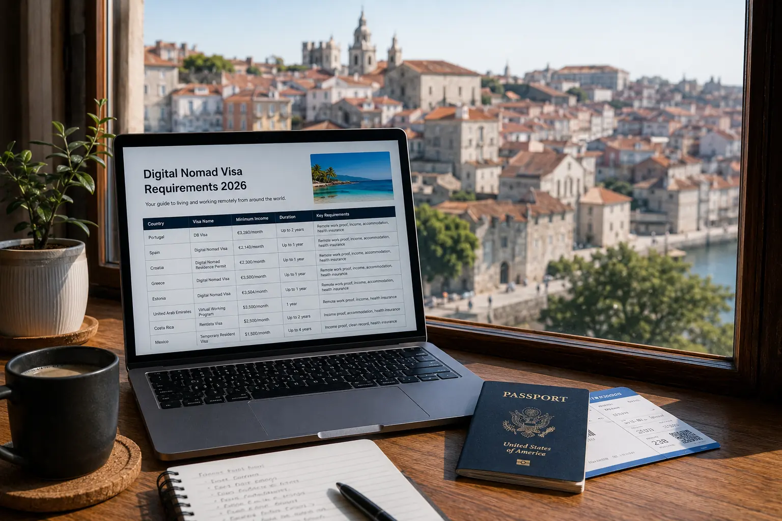 Close-up of a passport, printed bank statements, and a health insurance policy laid out on a desk while someone prepares a digital nomad visa application