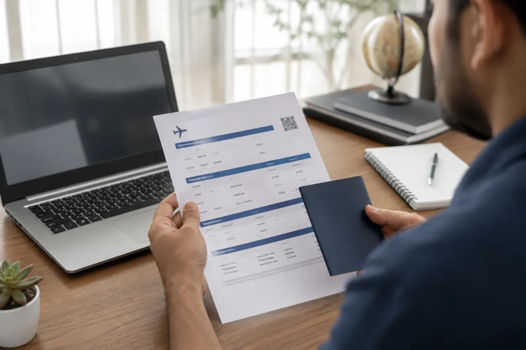 A traveler at a desk reviewing a printed flight itinerary and passport alongside a laptop, preparing visa application documents