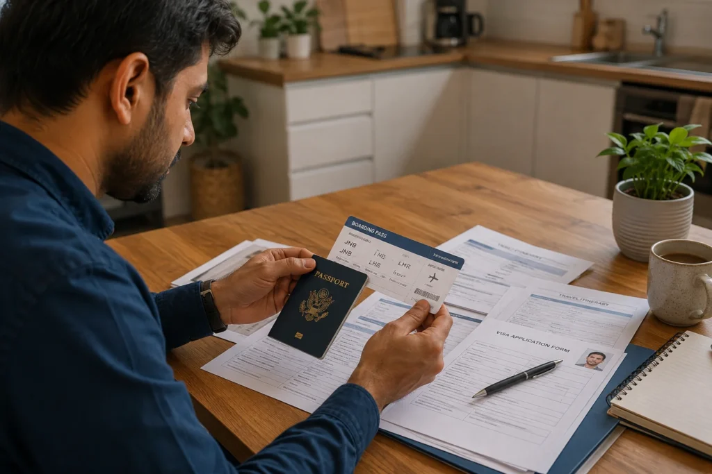 A traveler at a kitchen table reviewing a passport, boarding pass mockup, and visa application documents spread out together