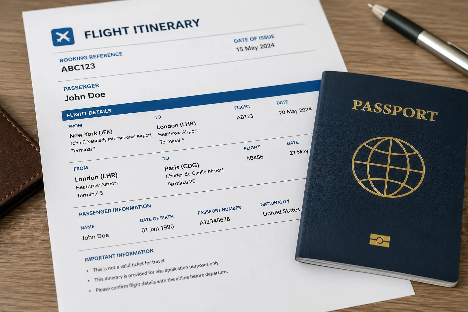 Close-up of a flight itinerary document showing booking reference, passenger name, and flight dates next to a passport