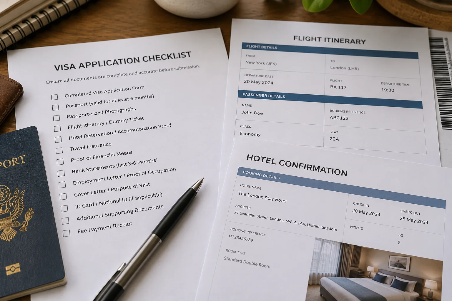 Close-up of a visa application checklist with a flight itinerary and hotel confirmation printout, pen resting on top