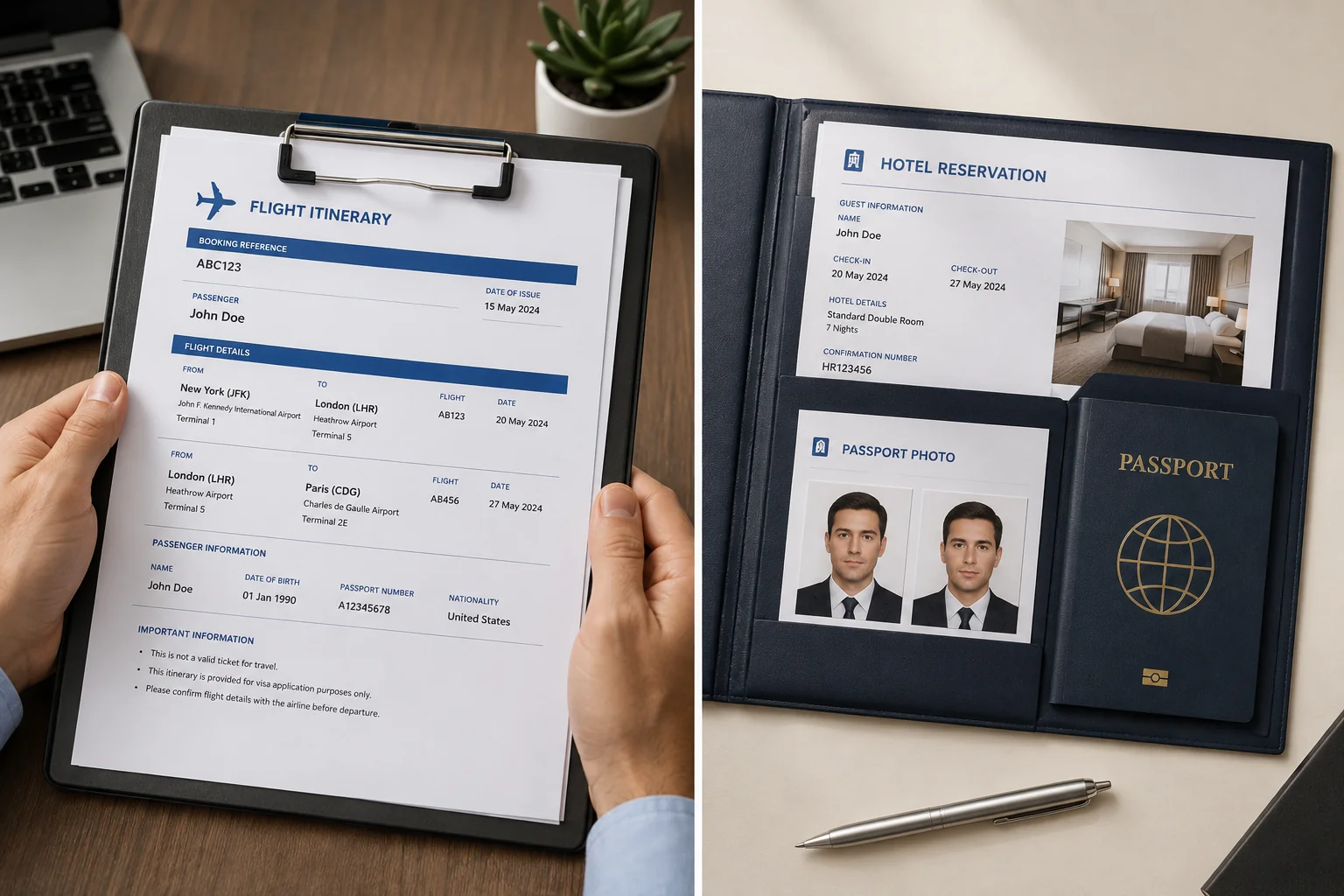 Split-screen illustration of a completed visa application folder with flight itinerary, hotel proof, and passport photo neatly organized