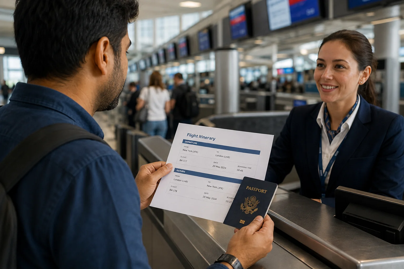Traveler holding a printed flight itinerary and passport at an airport check-in counter