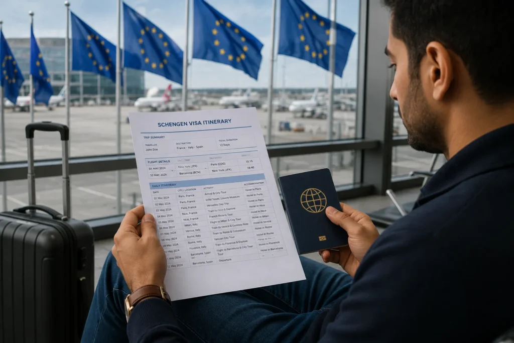 A traveler reviewing a printed Schengen visa itinerary and passport at an airport departure gate, with European flags visible in the background