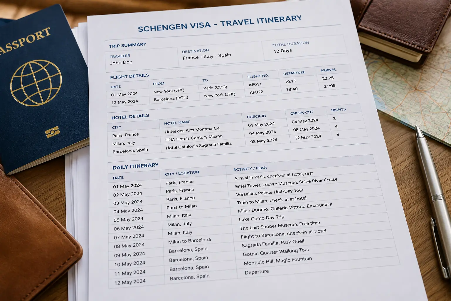 Close-up of a travel itinerary document with flight, hotel, and daily activity details laid out for a Schengen visa application