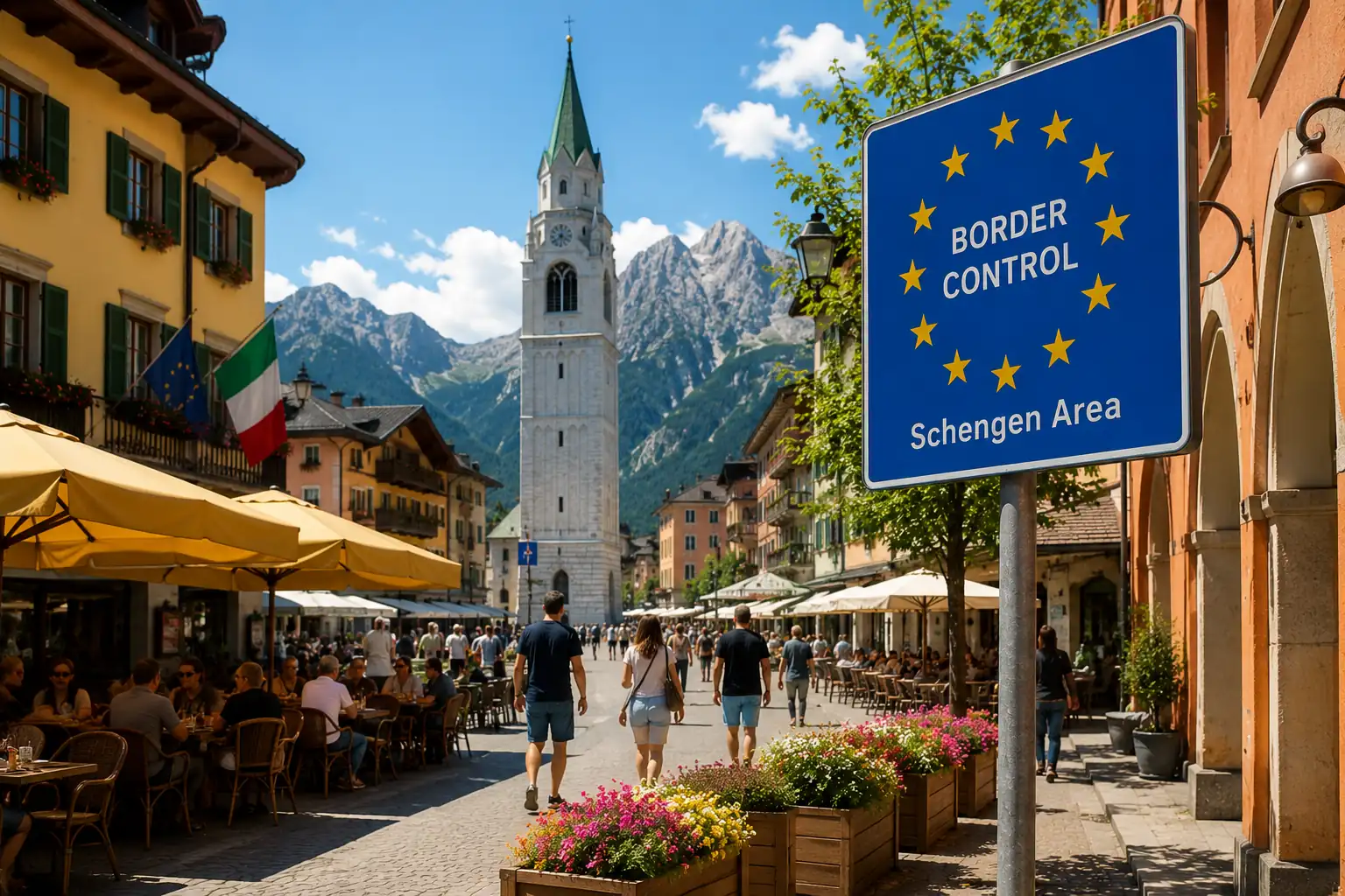 Wide shot of a European city street with outdoor cafes and a border control sign, representing travel across the Schengen area