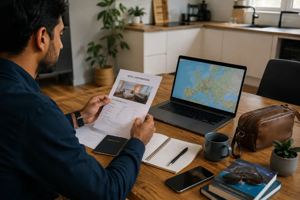 A traveler at a kitchen table reviewing a printed hotel confirmation and passport next to a laptop showing a European city map, warm natural light, wide establishing shot