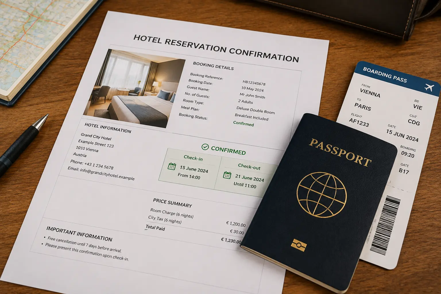 Close-up of a confirmed hotel reservation printout with check-in and check-out dates highlighted, sitting beside a passport and boarding pass
