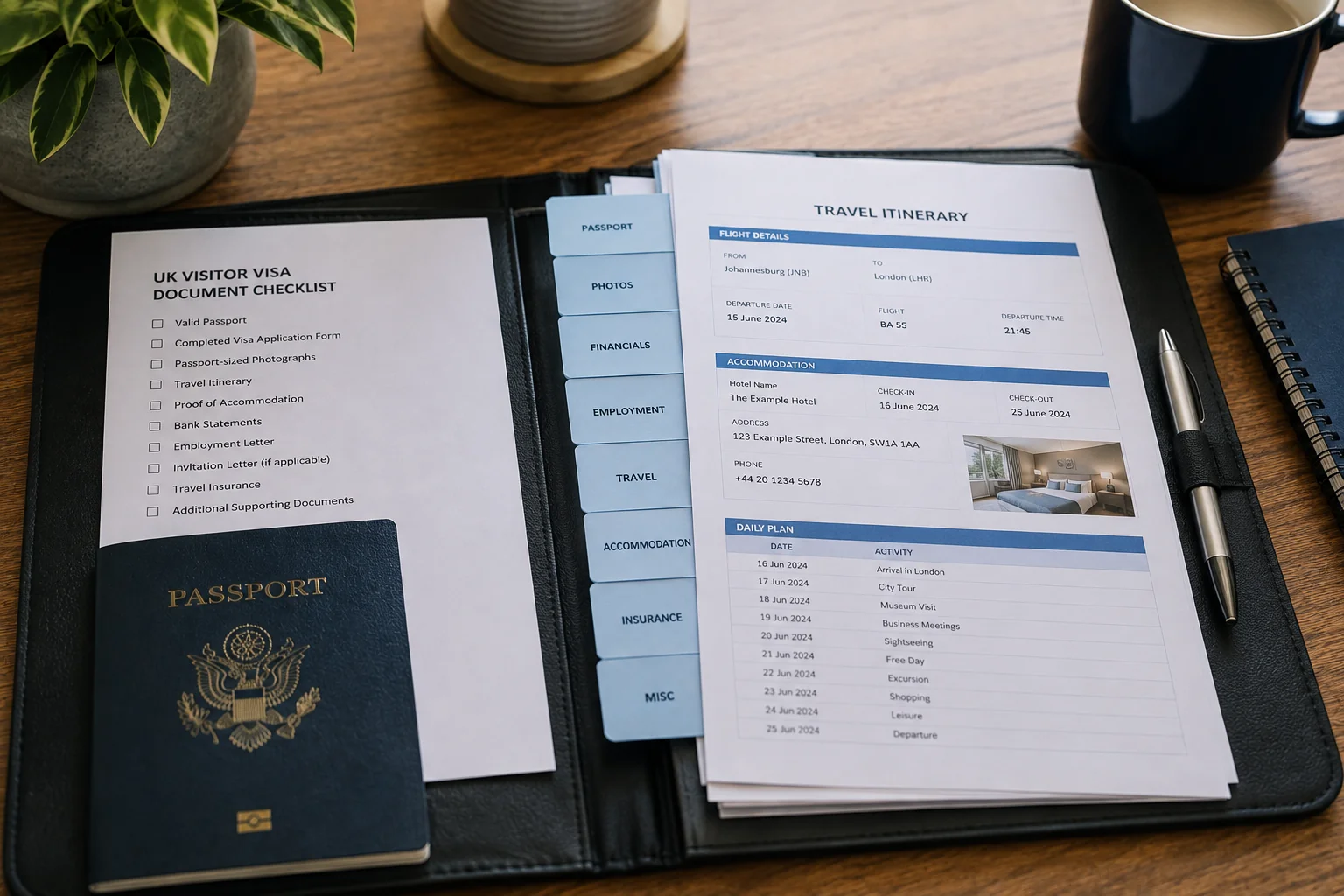 A neatly organized folder of UK visa application documents, passport, and printed itinerary ready to be submitted, symbolizing UK Standard Visitor visa requirements met