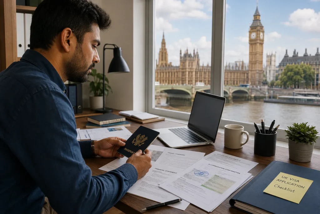 A traveler at a desk reviewing a passport, printed documents, and a laptop with the London skyline visible through the window, preparing a UK visa application