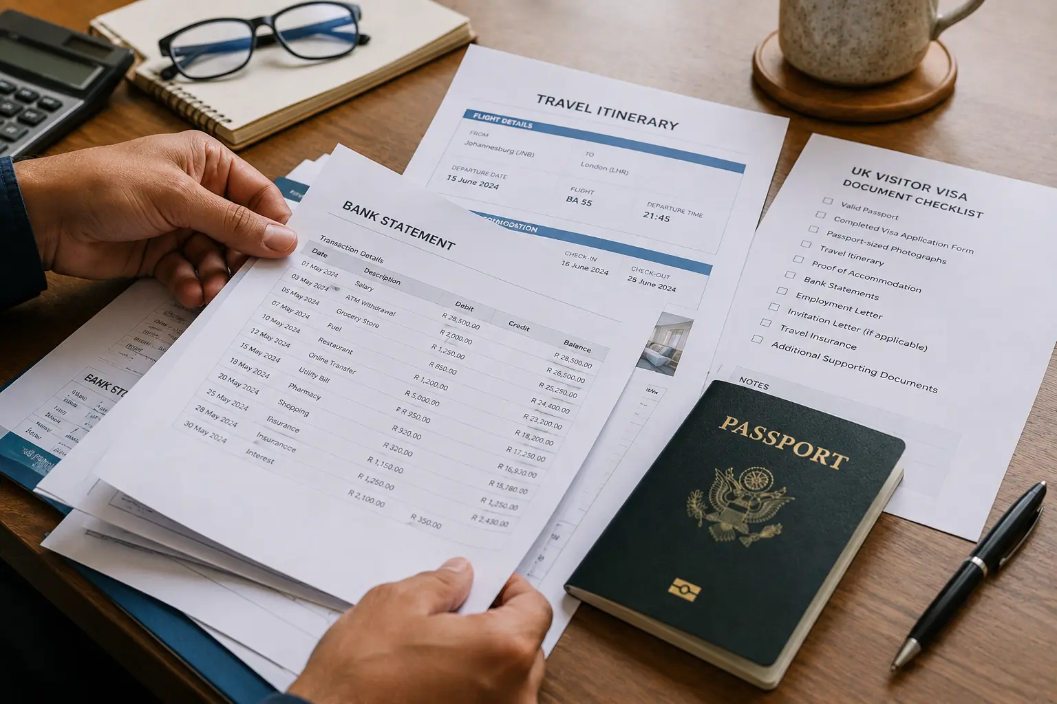 Close-up of hands organizing bank statements, an itinerary printout, and a passport on a table for a UK visa application
