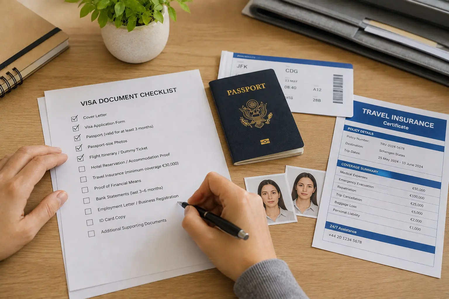 A person crossing off items on a printed visa document checklist while organizing passport, photos, and travel insurance papers on a desk