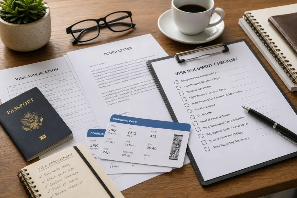 A traveler's desk covered with a passport, printed documents, boarding passes, and a checklist, representing the process of preparing a visa document checklist before an appointment